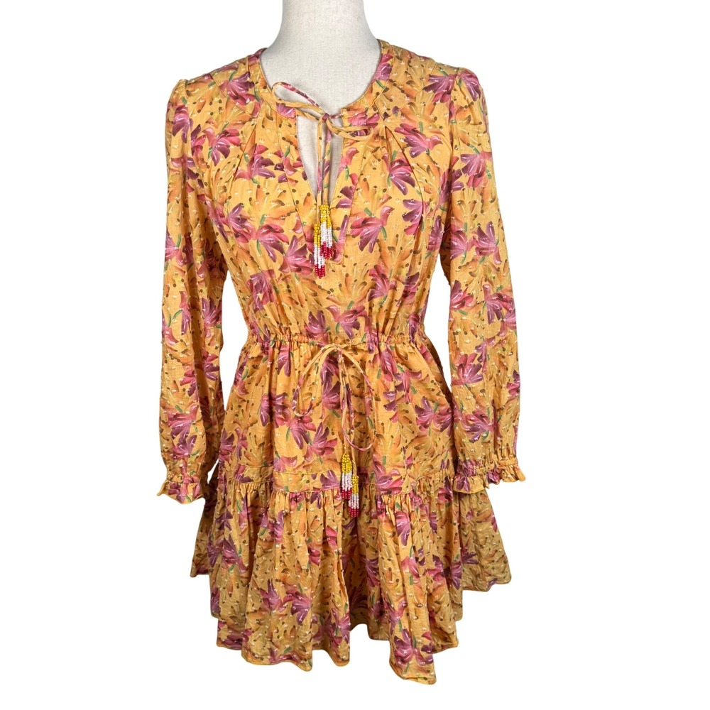 Farm Rio Tropical Floral Mini‎ Dress Womens S Yellow Cotton Boho Beaded Tassel